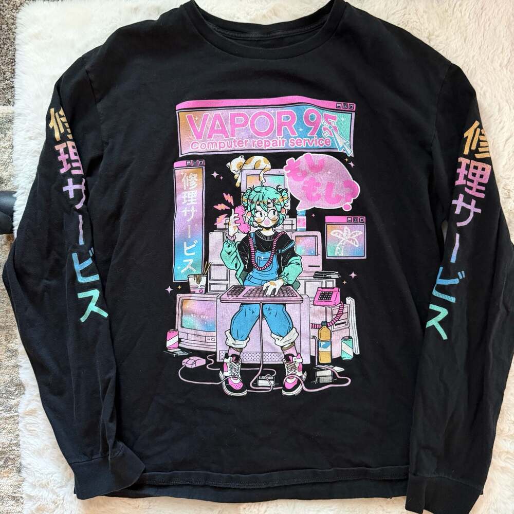 Vapor95 Vapor 95 Computer Repair Service Long Sleeve Black Graphic Tee Shirt M/L